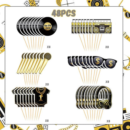 Notorious One 48 Pcs Gold Cake Toppers, Hip Hop Party Decorations for 1st Birthday Party, Premium Quality Reusable Paper Cupcake Toppers