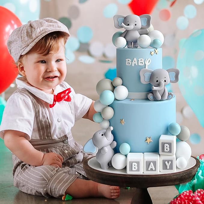 28 Pcs Elephant Cake Topper Balls Cake Decorations DIY Cake Topper for Boy Girl Birthday Party Decorations (Blue)