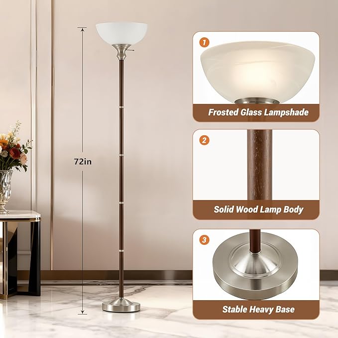 Wood Floor Lamp for Living Room - Walnut Standing Lamp with Glass Shade Torchiere Floor Lamps for Bedroom - Mid Century Modern Corner Tall Lamps for Home Office Nursery Industrial Reading Light