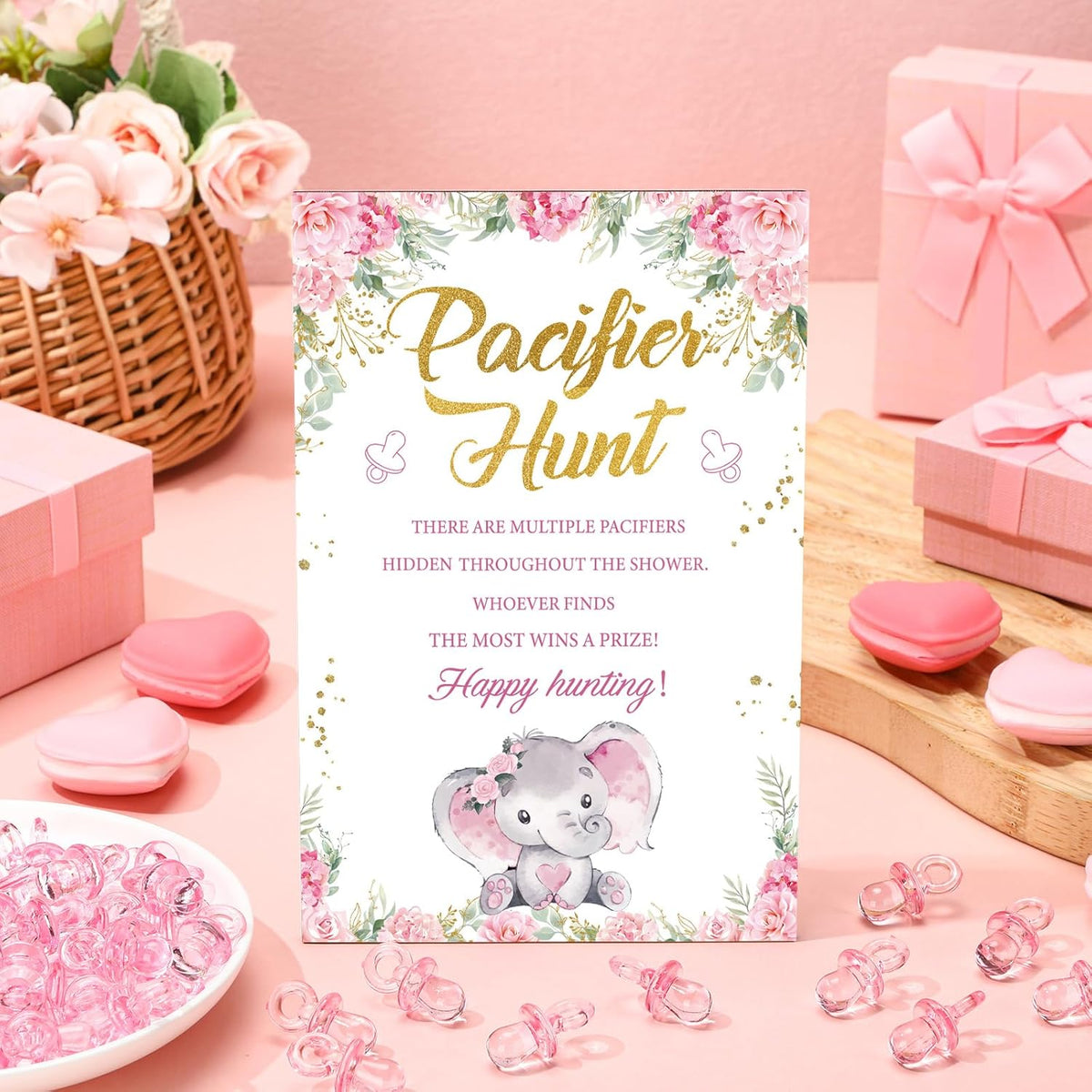 Thyle 51 Pcs Pacifier Hunt Baby Shower Games Include Hunt Sign and 50 Acrylic Pacifiers for Baby Shower Game Decoration Gift Sets Gender Reveal Party Decor(Pink Elephant)