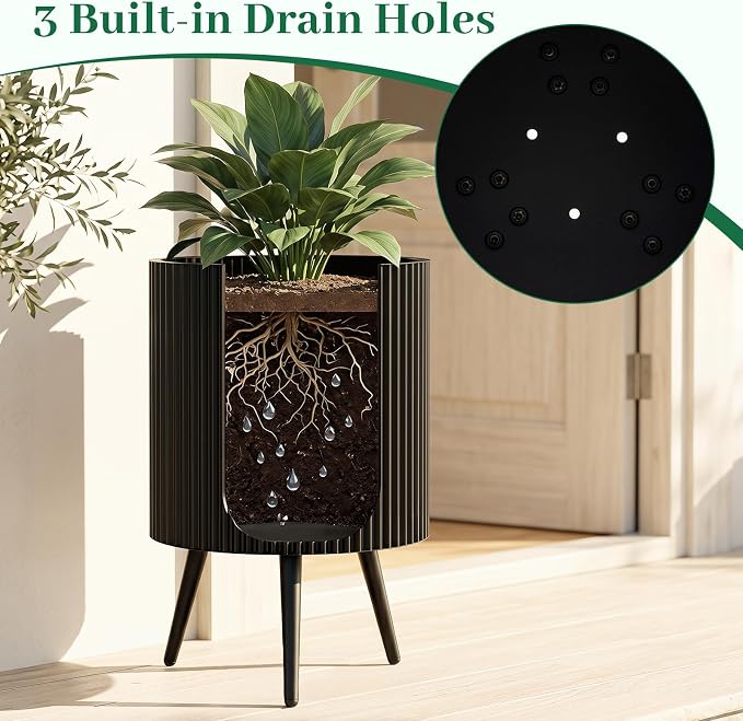Giantex 16 inch Plant Pot with Stand Set of 2, Mid-Century Modern Fluted Planter with Built-in Drainage Holes, Metal Flower Pot with Tapered Legs for Living Room, Office, Porch, Garden