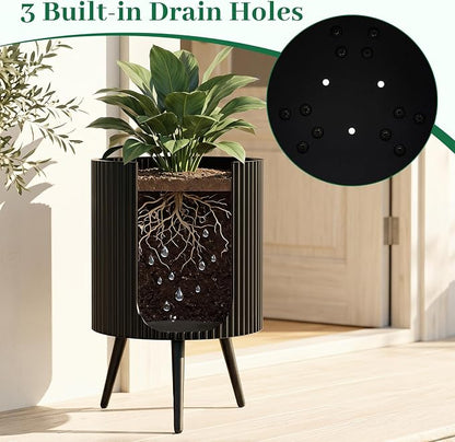 Giantex 16 inch Plant Pot with Stand Set of 2, Mid-Century Modern Fluted Planter with Built-in Drainage Holes, Metal Flower Pot with Tapered Legs for Living Room, Office, Porch, Garden