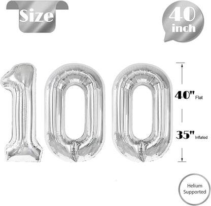 Silver Number 100 Balloon 40 inch, 100 Number Balloons, 100th Silver Birthday Decorations for Girls Boys Kids, 100 Year Old Women Men Party Supplies