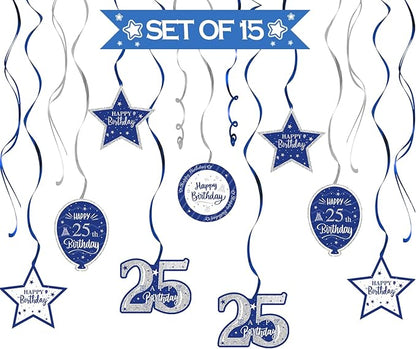 Happy 25th Birthday Blue & Silver Glitter Swirls Streamers Party Decorations - 15 Pcs 25th Birthday Hanging Swirls Streamers Kit,Perfect for 25th Bday Party Sign.