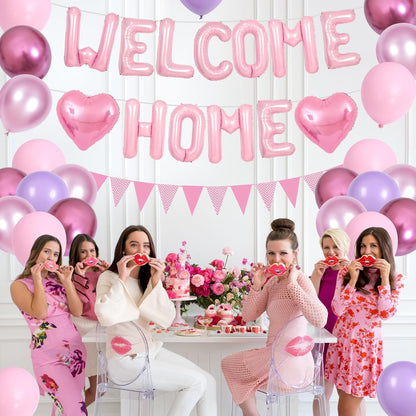 Welcome Home Decorations Pink,Welcome Home Foil Balloon Banner with Pink Heart Balloons Pennant Flag Bunting for Housewarming Baby Shower Welcome Home Baby Girl Party Supplies