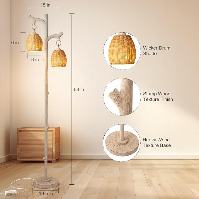 Scenekoy 68" High Farmhouse Rustic Country Cottage Floor Lamp Tree Trunk Faux Wood Column White Washed Wicker Drum Shade Decor for Living Room Bedroom Reading Room