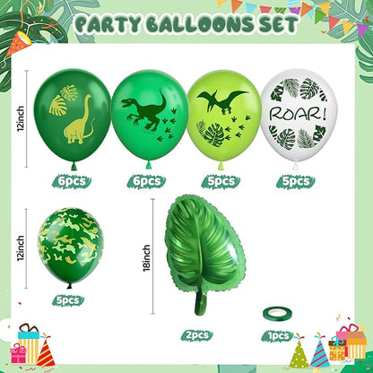 Dinosaur Balloons, 12 Inch Dino Printed Balloons with Palm Leaves Confetti Balloons for Birthday Party Jungle Dinosaur Safari Themed Decoration Supplies