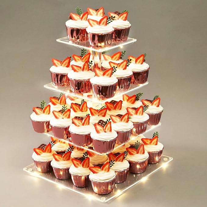 Cupcake Stand for 50 Cupcakes,4-Tier Acrylic Cupcake Tower Holder,Cupcake Holder,Dessert Stands with LED Light String for Cupcake Display,Wedding,Birthday,Baby Shower