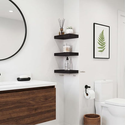 Black Floating Shelves for Wall Set of 3, 11.8 Inch Small Wall Shelves for Bathroom Over Toilet, Home Office & Bedroom Storage, Wall Mounted Shelf Set for Decor, Books & Collectibles