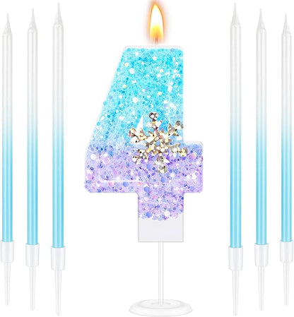 MTLEE Number 4 Birthday Candle Blue Snowflake with 6 Long Thin Cupcake Candles Blue Sparklers Glitter Number Happy Birthday Cake Topper Decorations for Winter Party Supplies