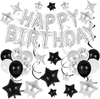 55 Pcs Happy Birthday Balloons Letters Banner with 35 Pcs Star Foil Balloon, 20 Pcs Latex Balloons, 6 Hanging Swirls for Women Men Boys Girls Birthday Party Decorations Set ﻿ (Silver)