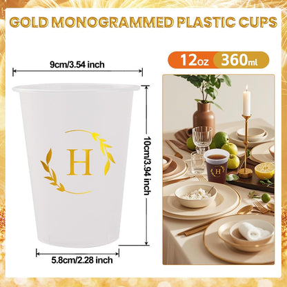 100 Monogrammed Cups Disposable Initial Plastic Cup 12 oz Wedding Personalized Cup for Wedding Reception Baby Shower Birthday Party(Letter H)