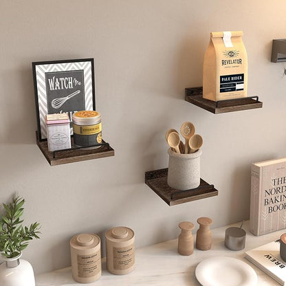 RYOFOBETTO Small Floating Shelf, 6X6 Inches Farmhouse Wall Shelves for Living Room, Bedroom, Picture Frames, Plants, Kitchen, Set of 3 (Brown)