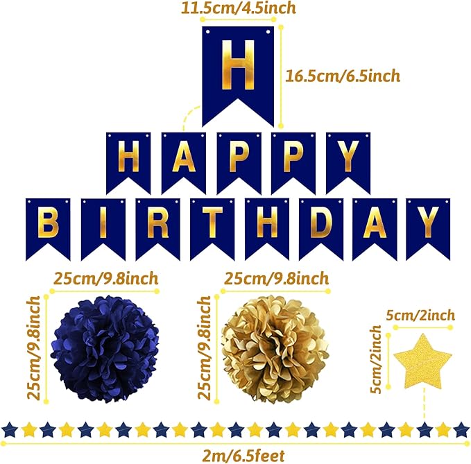 Navy Blue and Gold Happy Birthday Decorations with Banner, Paper Pompoms for Boys, Girls, Men, Women - Party Decorations Supplies
