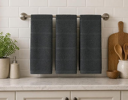Serafina Home Dark Grey Gray Kitchen Hand Dish Towels: Oversized 28" x 18",100% Cotton Cloth Soft Cleaning Drying Absorbent Textured Design, Set of 3 Multipurpose for Everyday Use (Dark Grey)