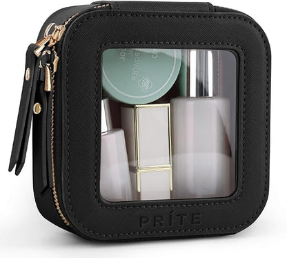 Prite Mini Clear Makeup Bag for Purse Cute Small Travel Cosmetic Bag for Women Waterproof Toiletry Bag Leather Makeup Pouch with Gold Zipper(Black)