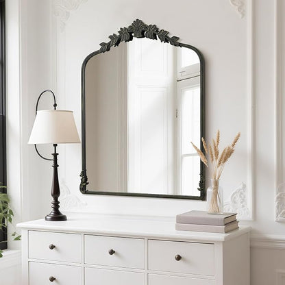 WallBeyond Black Antique Mirror for Vanity 28x36 Inch, Black Vintage Mirror with Ornate Frame, Arched Vintage Wall for Bathroom, Living Room, Fireplace