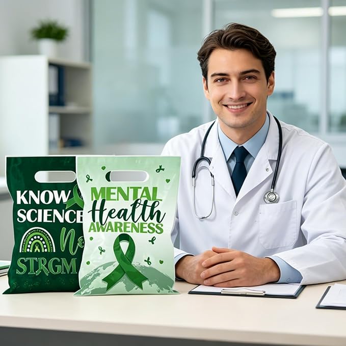MOIZYNG 50Pcs Mental Health Awareness Gift Bags with Handles, Know Science No Stigma Mental Health Plastic Candy Treat Goodie Bags for Counselor Office Classroom Party Favors