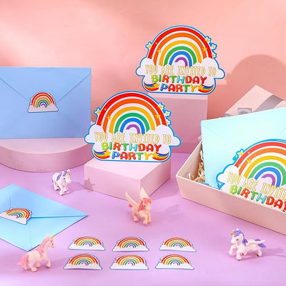 Hotop 24 Sets Rainbow Birthday Invitations with Envelopes and Stickers FOR GIRLS Party Invitations for Kids Birthday Baby Shower Party