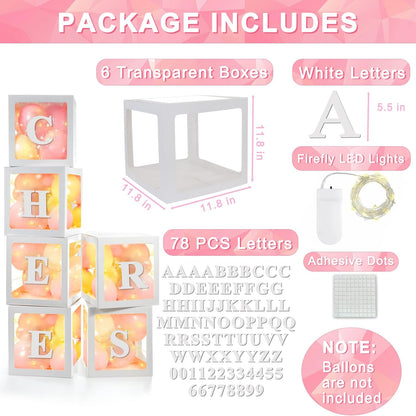Ledido Transparent Balloon Boxes, Clear Balloon Boxes with 6 Pcs String Lights and 78 Letters for Baby Shower Gender Reveal Grad Birthday Party Anniversary Bridal Wedding Decor - 6 White Boxes