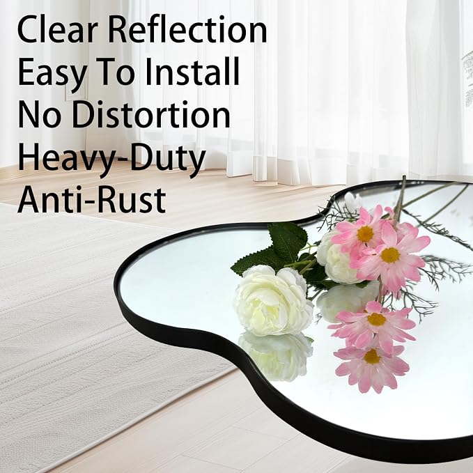 Irregular Wall Mirror, 30"x18" Asymmetrical Decorative Accent Mirror with Black Metal Frame, Organic Shape Mirrors for Entryway Bedroom Living Room, Horizontal or Vertical Hanging