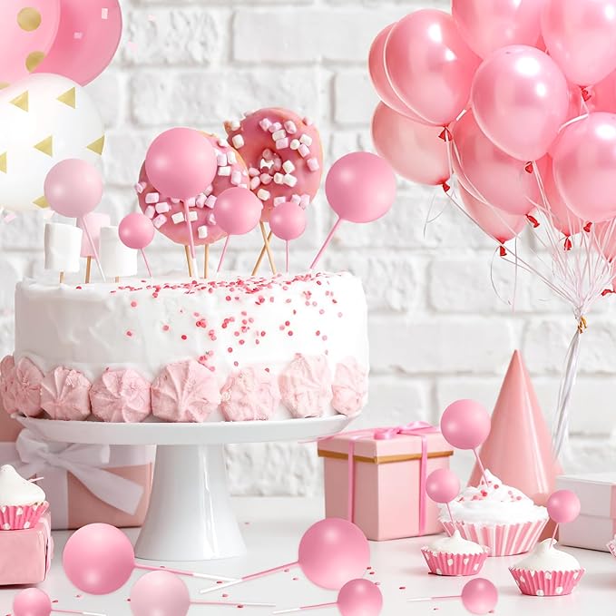 138 Pcs Pink Balls Cake Topper Decorations Balloon Cupcake Toppers Foam Multisize Cake Topper Balls for Birthday Party Wedding Anniversary