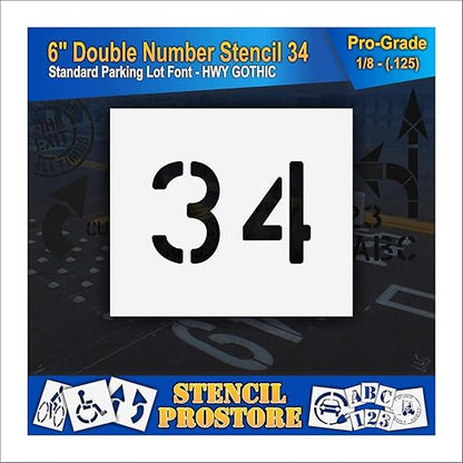 Pavement, Curb, and WheelStop Stencils - 6 inch Double Number Stencil - (34) - 6" x 9" x 1/8" (128 mil) - Pro-Grade