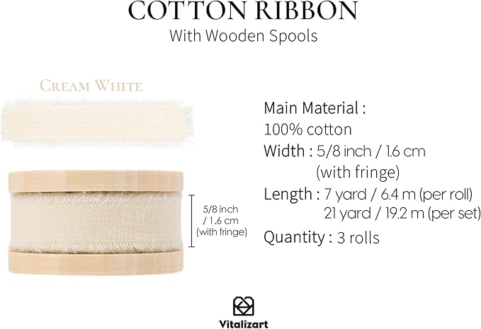 Vitalizart White Cotton Ribbon Handmade Fringe 5/8" x 21 Yd Cream Pure Natural Cotton Ribbons for Gift Wrapping Wedding Invites Bridal Shower Bouquets Holiday Decor