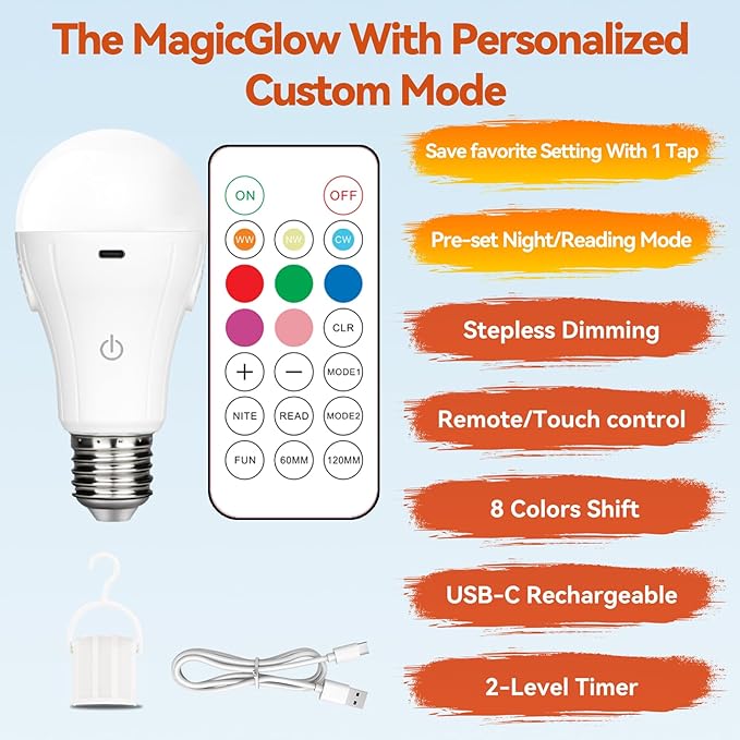 Neporal MagicGlow Rechargeable Light Bulb with Memory Mode, Remote & Touch Control – Dimmable A19 Battery Operated Bulb for Indoor Wall Sconce, Nursery, Bedroom, Kitchen