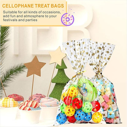 100 Pcs 7 x 12 Inch Clear Cellophane Treat Bags with 100 Gold Twist Ties, Gold Star Printed Heat Sealable Candy Bags for Cookies, Chocolate, Bakery, Party Favors, Gift Wrapping