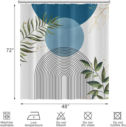 Boho Mid Century Shower Curtain, Light Blue Modern Minimalist Abstract Geometric Gold Plant Leaves Sun Arch Bathroom Curtains Waterproof Fabric Buthtub Curtain Set with Hooks 48" Wx72 L