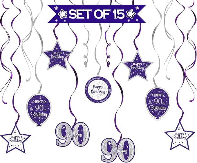 Happy 90th Birthday Purple & Silver Glitter Swirls Streamers Party Decorations - 15 Pcs 90th Birthday Hanging Swirls Streamers Kit,Cheers to Ninety Years Old Bday Party Sign.