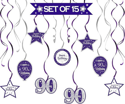 Happy 90th Birthday Purple & Silver Glitter Swirls Streamers Party Decorations - 15 Pcs 90th Birthday Hanging Swirls Streamers Kit,Cheers to Ninety Years Old Bday Party Sign.