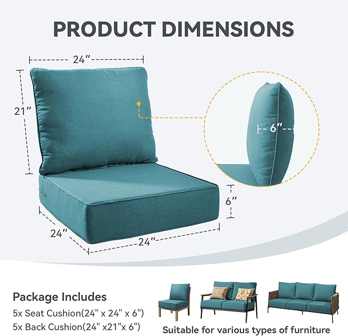 Outdoor Cushion Set for Furniture Patio Furniture, UV Resistant, Water Resistant - 6 Inch Thick Foam Garden Cushions– 24x24 Inch Patio Seat Covers for Chair/Sofa/Couch | Peacock Green | 5-Pack |