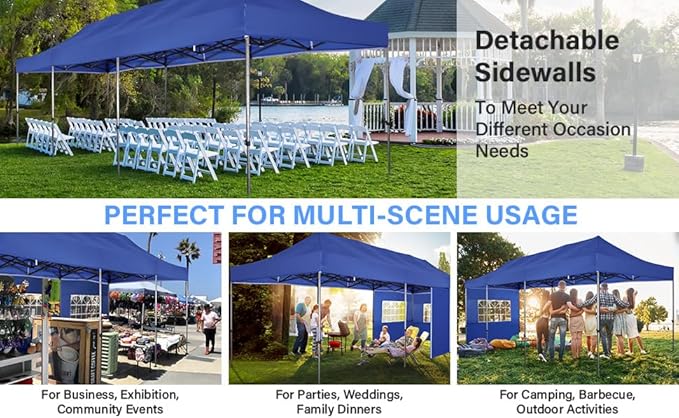 COBIZI 10x30 Heavy Duty Pop Up Canopy Tent with 8 Sidewalls Thicken Frame, Commercial Easy Up Outdoor Wedding Party Tents, All Season Waterproof Windproof with Stakes Sandbags Roller Bag, Navy Blue