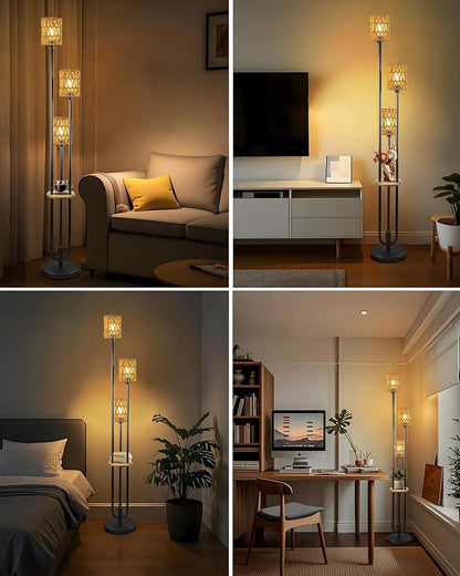 63IN Dimmable Floor Lamp with Shelf, Black Rattan Tall Standing Lamps Candle Holder Style, 3000K Warmwhite Mid Century Modern Floor Lamp with 5Lbs Heavy Base for Living Room (Bulbs Included)