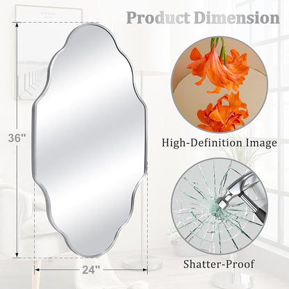 Scalloped Mirror for Bathroom - 24"x36" Silver Bathroom Mirror with Aviation Aluminum Alloy Frame & Shatter-Proof Glass for Living Room Bedroom Entryway, Brushed Silver Frame(x1)