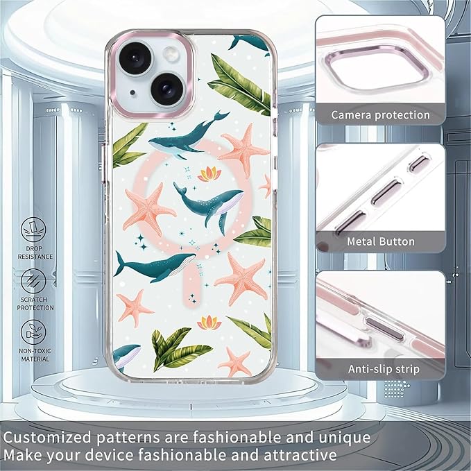 Case for iPhone 14 Plus/15 Plus,[Compatible with MagSafe],Sealife Whale Ocean Wildlife Clear Phone Case Design，for Women Girls Magnetic Clear Cover - Slim, Sleek, & Shockproof Protection