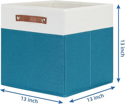Temary Cube Storage Bins Storage Cube Bins for Home, 4 Pack Fabric Storage Bins for Organization, Storage Cubes 13x13 Cube Baskets with Leather Handles (White&Teal)
