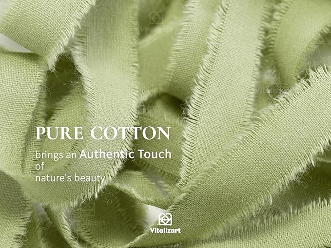 Vitalizart Sage Green Cotton Ribbon Handmade Fringe 5/8" x 21 Yd Pure Natural Cotton Ribbons for Gift Wrapping Wedding Invites Bridal Shower Bouquets Holiday Decor