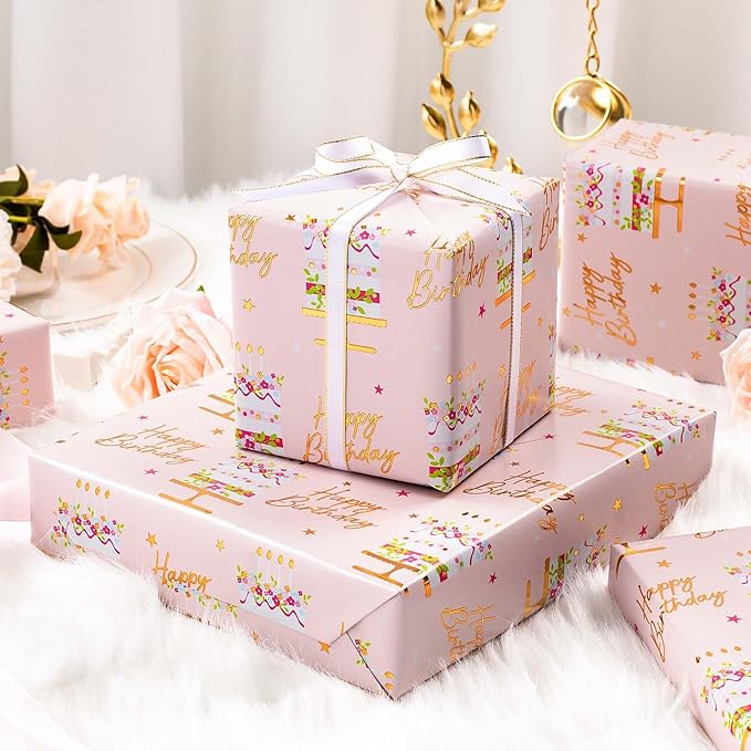 MAYPLUSS Birthday Cake Wrapping Paper Roll - 17 Inch X 33 Ft - Celebration Cake Design Paper Fun Candle Print w/Gold Shine Birthday Party Theme Gift Wrap Pastel for Wedding, Bridal Shower & Holiday