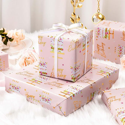 MAYPLUSS Birthday Cake Wrapping Paper Roll - 17 Inch X 33 Ft - Celebration Cake Design Paper Fun Candle Print w/Gold Shine Birthday Party Theme Gift Wrap Pastel for Wedding, Bridal Shower & Holiday