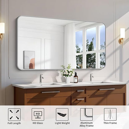 FORBATH 55x36 Inch Silver Bathroom Mirror for Over Sink, Large Rectangular Wall Mirror with Metal Frame, Rounded Corners for Bathroom, Bedroom, Entryway Decor (Horizontal or Vertical)