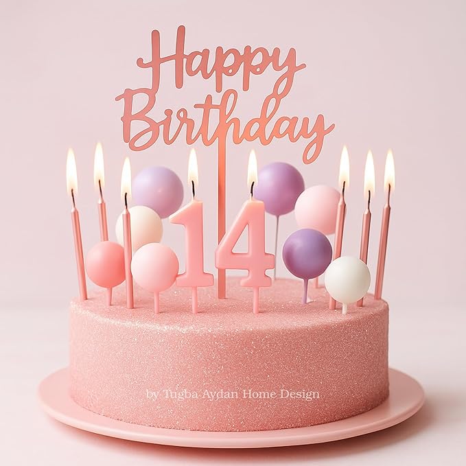 by Tugba Aydan - 33 Pcs Pink Birthday Candle Set with Number Candles 0–9, Metallic Long Candles, Ball&Text Toppers-Complete Cake Decoration Kit for Kids & Adults Birthday Party
