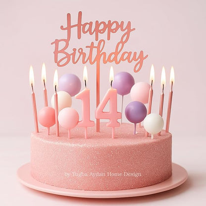 by Tugba Aydan - 33 Pcs Pink Birthday Candle Set with Number Candles 0–9, Metallic Long Candles, Ball&Text Toppers-Complete Cake Decoration Kit for Kids & Adults Birthday Party
