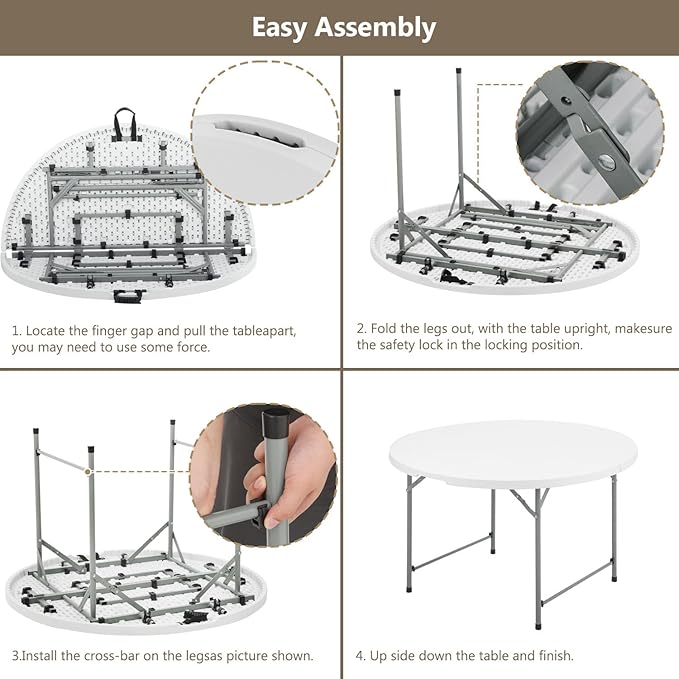 OS MOTOR 4ft Round Folding Table with Carry Handle, Portable Heavy Duty Plastic Utility Table with Steel Legs for Party, Wedding, Camping, Indoor, Outdoor Event, 48 Inch, White