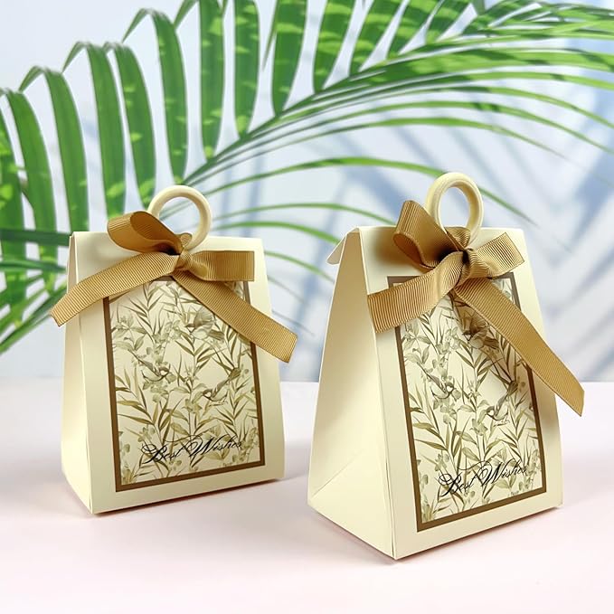 20PCS Mini Gift Bags, Bird & Flower Goodie Bags with Ribbon Handle for Party Favors Treat Boxes Wedding Bridal Baby Shower Birthday Party Presents 3.9"x2.6"x1.4"(Cream)