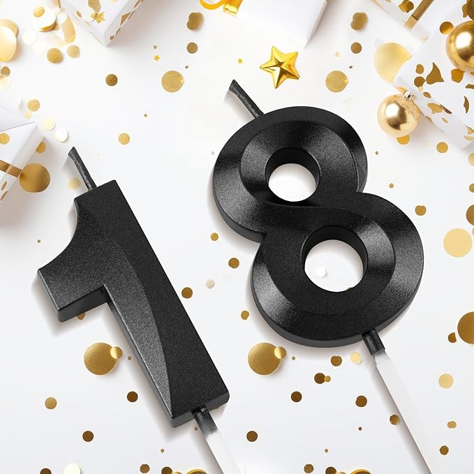 Number 18 Birthday Candles, 1.96 Inch Happy Birthday Cake Candles Cupcakes Topper Decoration for Birthday Party Wedding Anniversary Celebration Supplies (Black)