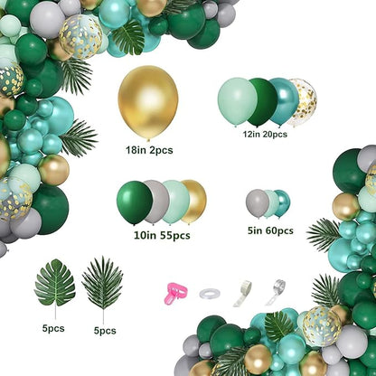 Amandir 151Pcs Jungle Safari Balloon Garland Kit, Metallic Green Gold Tropical Balloons Arch Artificial Palm Leaves for Animal Dinosaur Two Wild One Birthday Decoration
