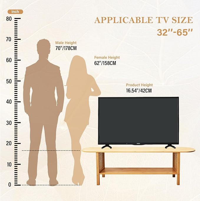 Tiita TV Stand with Storage for TVs up to 65'', Bamboo TV Console Entertainment Center with 2 Open Shelf, Mid Century Modern Media Console for Living Room, Bedroom, Wood